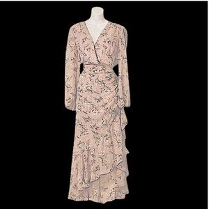 V Neck Flowy Ruffle Long Sleeve Printed Pink Sheer Floral Faux Wrap MIDI Dress L